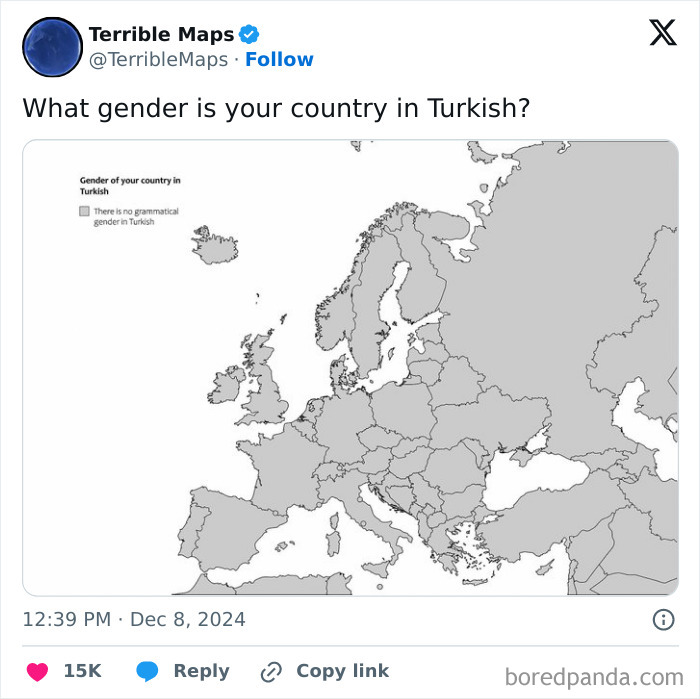 Map illustrating grammatical gender in Turkish, showing Europe and parts of Asia, highlighting perspective change through language.