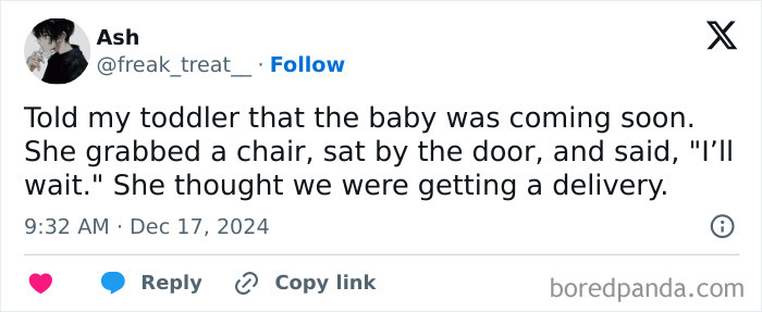 A tweet humorously illustrating a toddler's clueless perception of a baby announcement.
