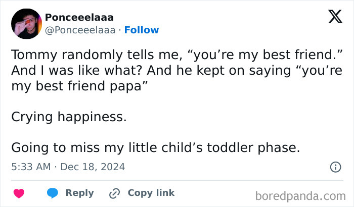 Tweet about a toddler saying "you’re my best friend papa," capturing heartwarming toddler talk moments.