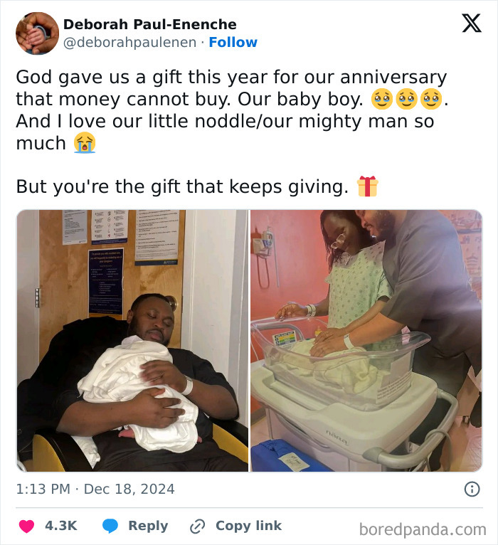 Man joyfully holding newborn at hospital; anniversary surprise with a wholesome touch.