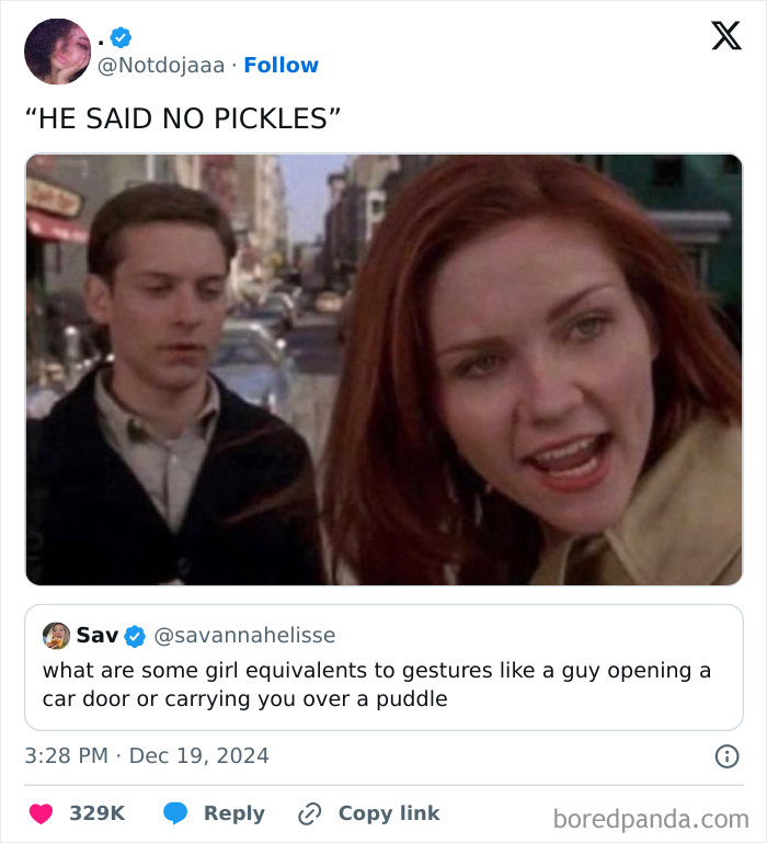 A funny tweet about pickles with a humorous reaction image from a film scene.