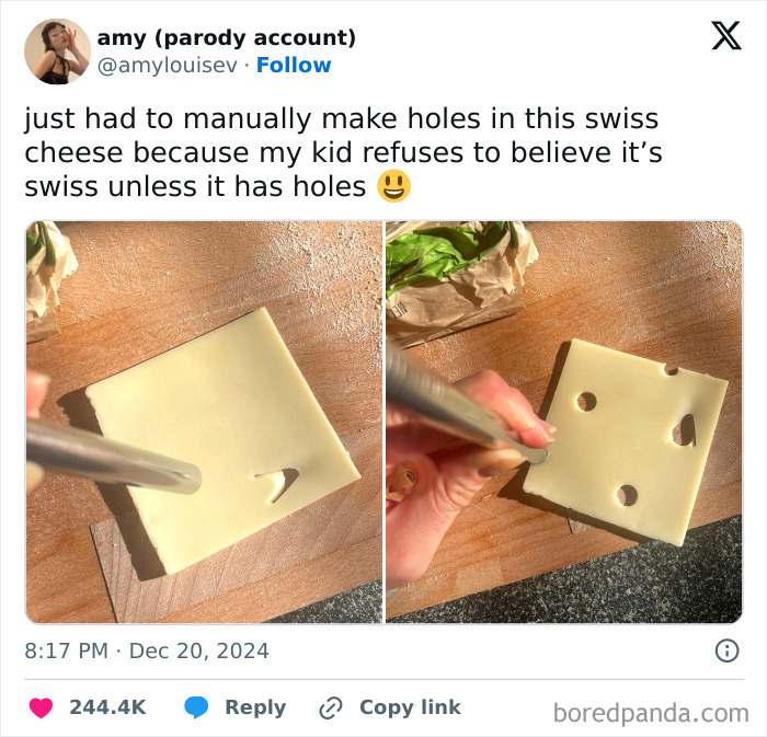 Cutting holes in cheese with a tool, illustrating dumb-clueless-kids perception of Swiss cheese.