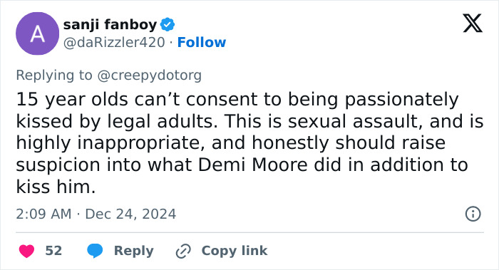 Tweet expressing outrage about Demi Moore kissing a 15-year-old boy, highlighting issues of consent and appropriateness.