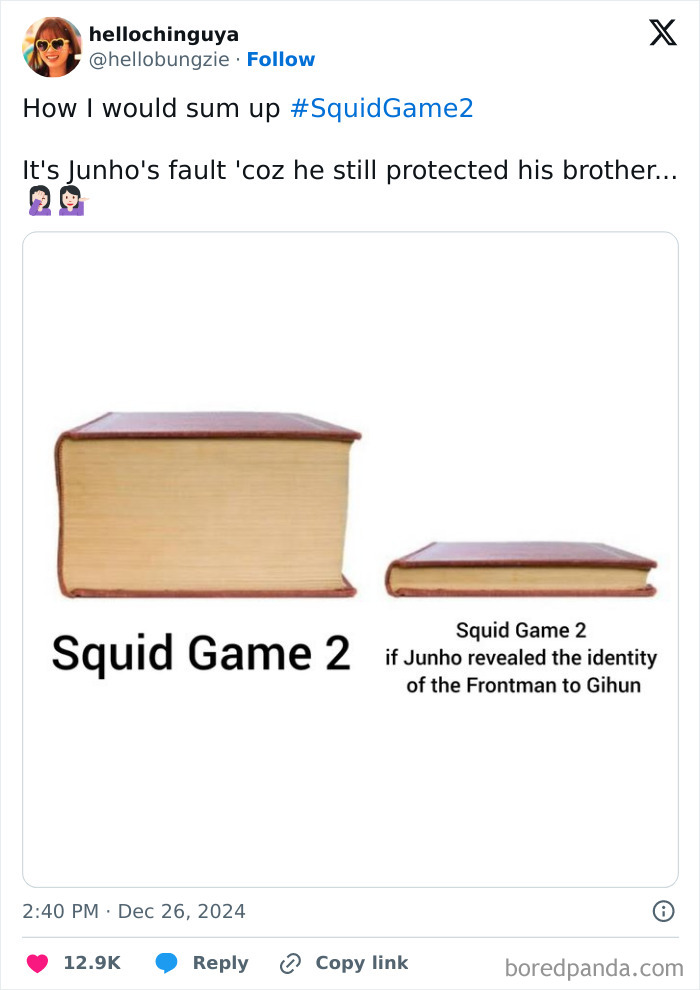 Large and small books labeled “Squid Game 2” meme highlighting plot twist humor.