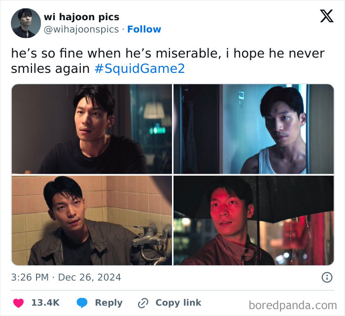 Four scenes depicting a character from Squid Game 2 with serious expressions in different settings.