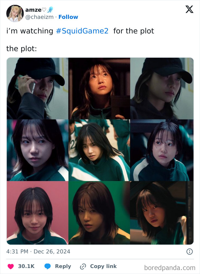 Collage of scenes from Squid Game 2 with a character in various dramatic poses, emphasizing intense storytelling.