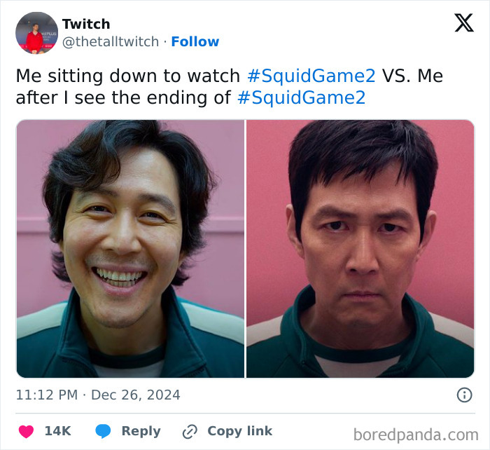 Two images show contrasting expressions related to Squid Game 2: one person smiling, the other looking serious.