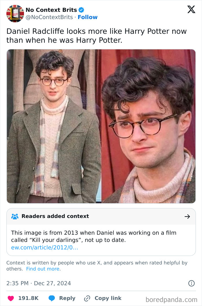 Man in glasses and a scarf resembling Harry Potter on a British-themed Twitter post.