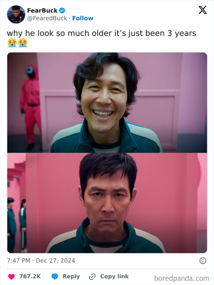 Split image of the same character from Squid Game, showing a happy face and a serious face.