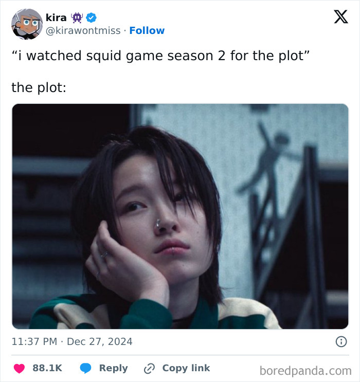 Person looking bored in a scene from Squid Game 2, with a caption about watching for the plot.