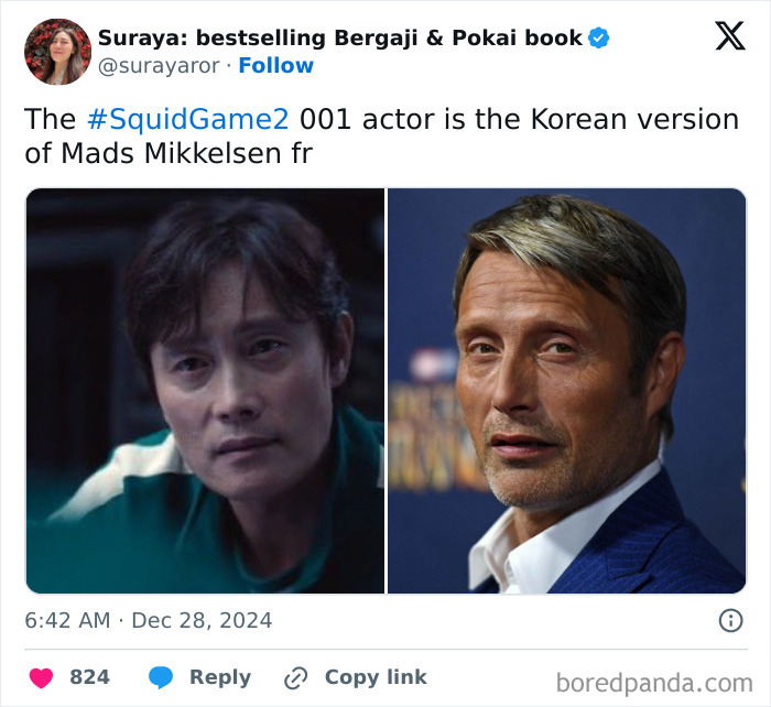 Split image of a "Squid Game 2" actor and Mads Mikkelsen, highlighting a comparison meme.