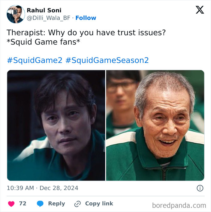 Two characters from Squid Game 2 in green tracksuits, one serious, one smiling, in a meme about trust issues.