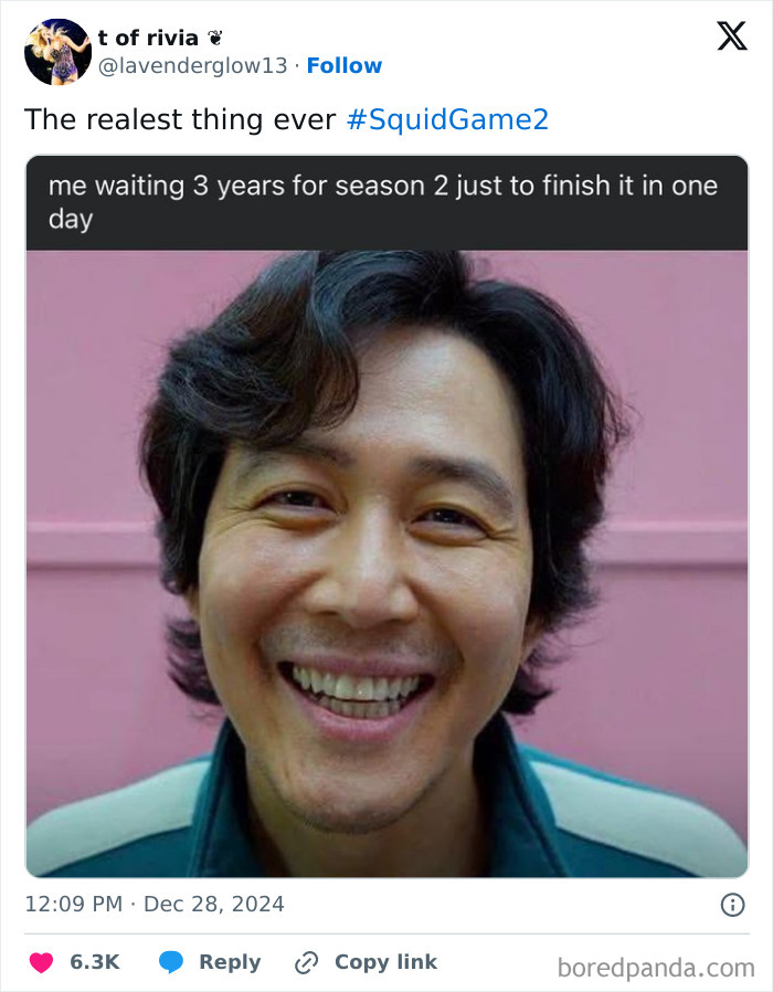 A smiling man with a caption about waiting for Squid Game 2 and finishing it quickly.