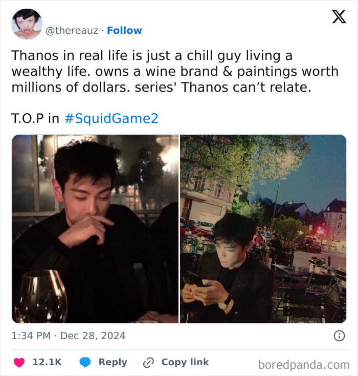 Man in black outfit at an outdoor café and restaurant, related to Squid Game 2 memes.