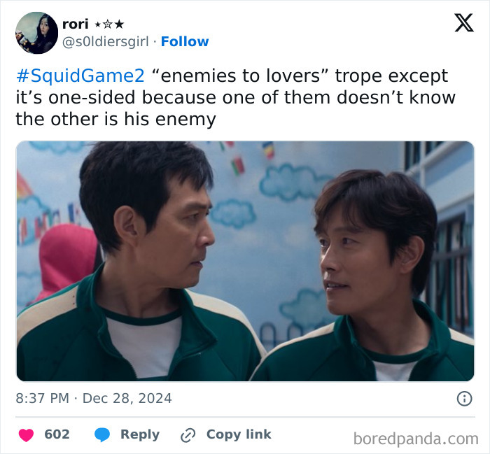 Two characters in green tracksuits from Squid Game 2 meme with an "enemies to lovers" theme.