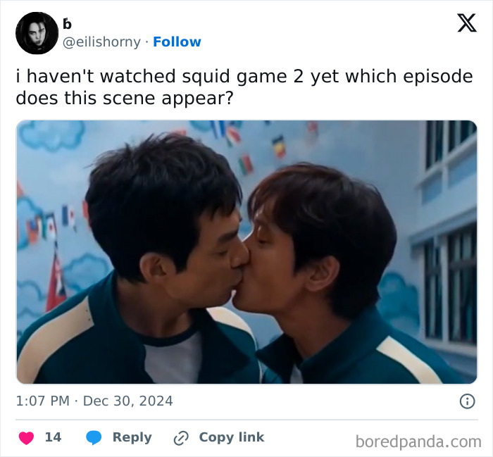 Two characters kissing in a humorous scene from Squid Game 2 memes.