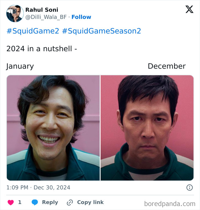 Split image of a smiling man in January and a serious man in December, referencing Squid Game 2 memes.