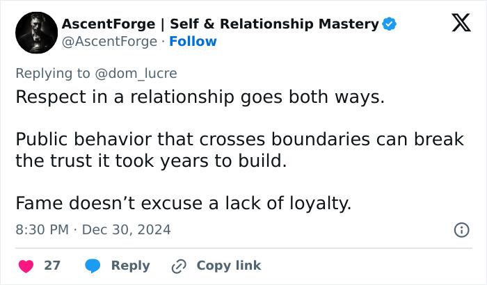 Tweet by AscentForge about relationship respect and loyalty.