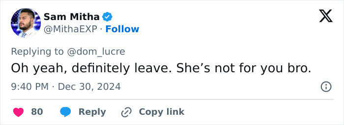 Sam Mitha&rsquo;s tweet about wife kissing singer and a husband's response, December 2024.