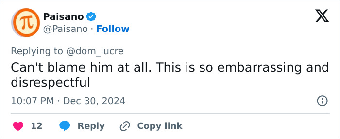 Comment on divorce after wife kisses singer; user finds it embarrassing and disrespectful.