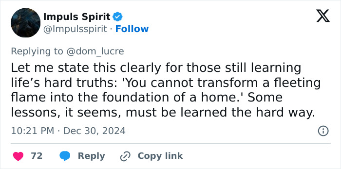 Tweet by Impuls Spirit about life's hard truths and learning lessons.