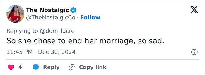 Tweet screenshot expressing sadness over a marriage ending due to wife kissing singer on stage.