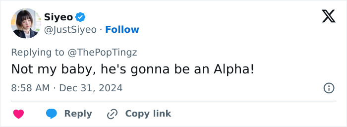 Tweet discussing Generation Beta with a humorous take, mentioning "Not my baby, he's gonna be an Alpha!
