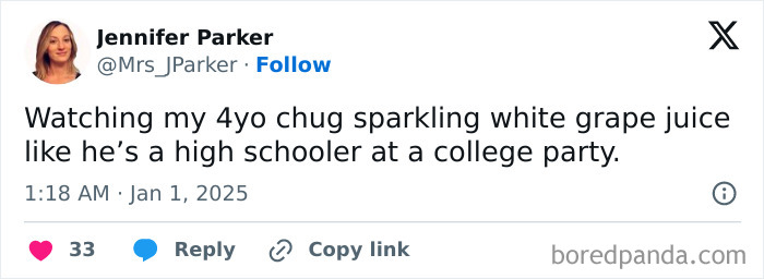 Tweet about parenting humor: 4yo drinking sparkling grape juice like a college student.
