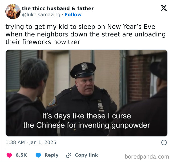 Police officer speaking to two people; humorous tweet about parenting challenges on New Year's Eve with fireworks.