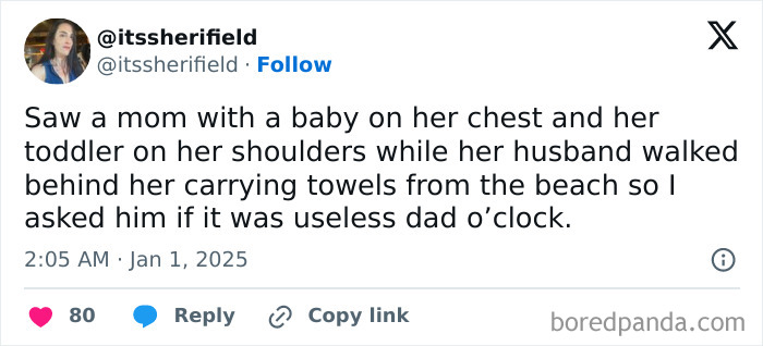 Tweet about parenting humor, showing a funny scenario with a mom, dad, and kids on the beach.