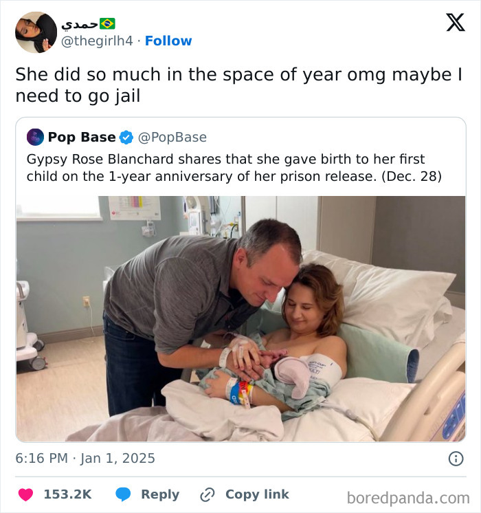 Funny tweet about accomplishments while a woman lies in a hospital bed holding her newborn, with a man leaning over them.