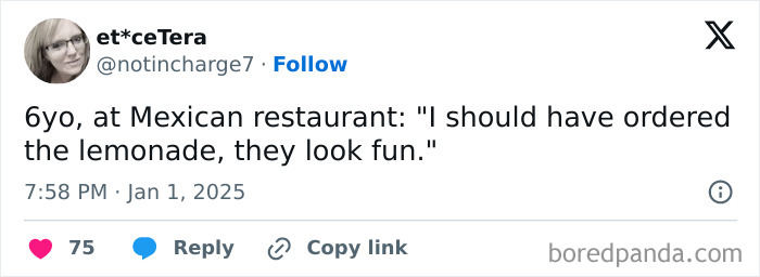 Tweet about parenting at a Mexican restaurant, child regretting not ordering lemonade.