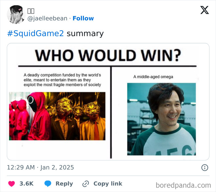 Squid-Game-2 meme comparing elite competition with a middle-aged man in a humorous "Who Would Win?" format.