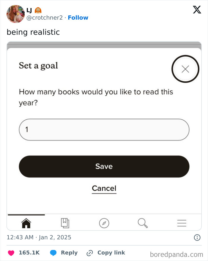 A humorous tweet showing a book reading goal of one for the year.