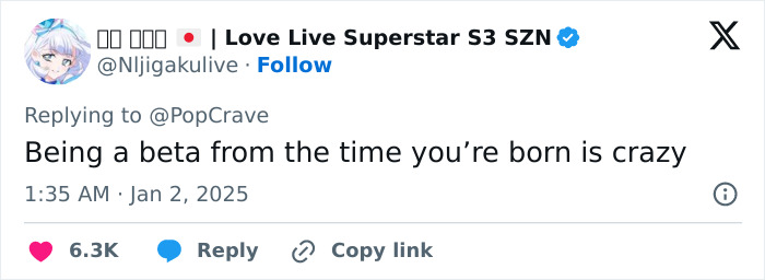 Tweet humorously commenting on Generation Beta with the text &ldquo;Being a beta from the time you&rsquo;re born is crazy.&rdquo;
