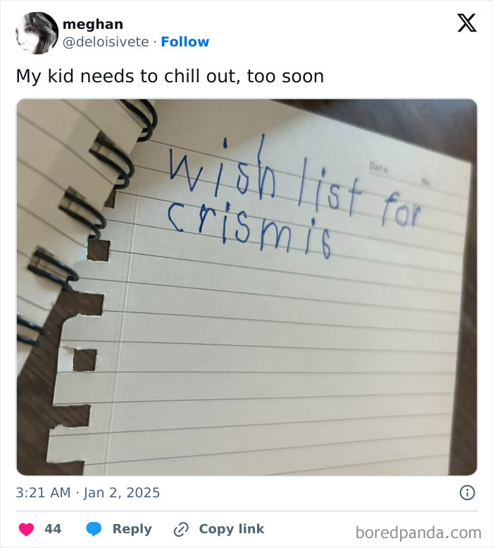 Child's handwritten Christmas wishlist on a notebook, featuring funny parenting tweet.