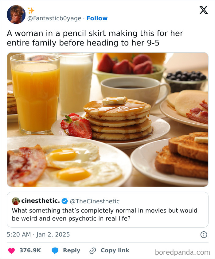 Delicious breakfast spread with pancakes, eggs, and juice featured in funny tweet about surviving January.