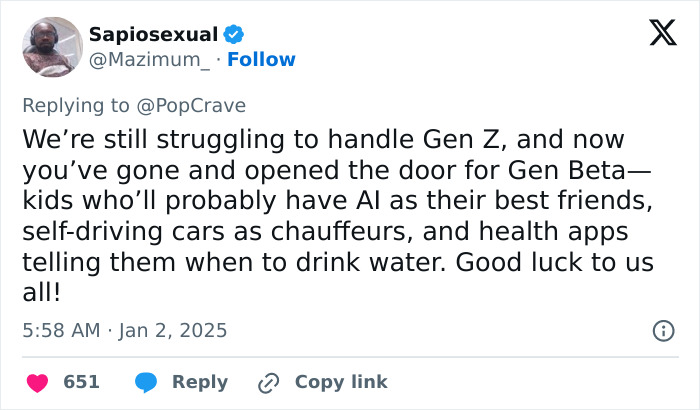 Tweet humorously discussing Generation Beta and Gen Z, mentioning AI friends and self-driving cars.