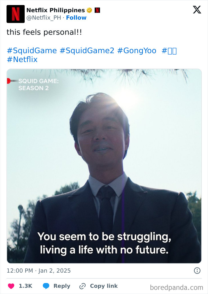 Man in suit with sunlight behind, from Squid Game 2, with caption about life struggles.
