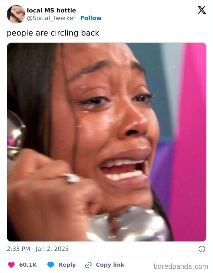 Woman crying, holding phone, with caption "people are circling back," highlighting one of the funniest tweets.