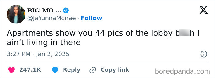 A funny tweet about apartment photos and lobby impressions, humor on surviving a long January.