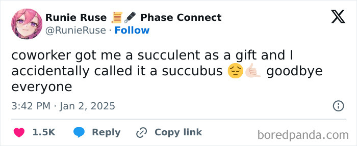 Funny tweet about a mix-up between succulent and succubus, highlighting humor in January's long month.