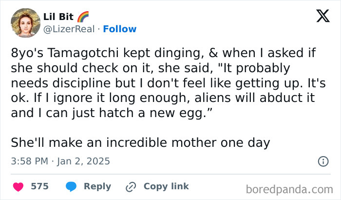 Funny tweet about parenting featuring a humorous exchange about a child's Tamagotchi.