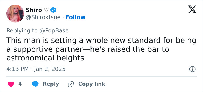 Tweet praising a supportive partner, described as a "green flag guy," setting high standards in relationships.