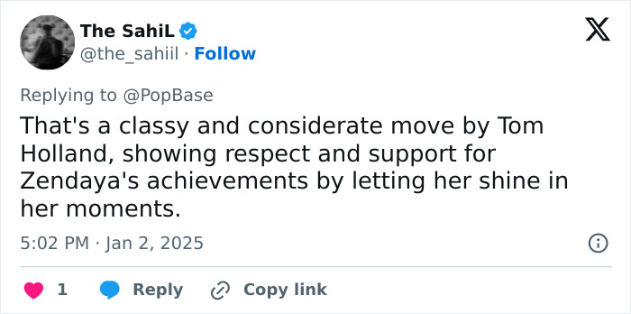 Tweet praising Tom Holland's respectful choice highlighting Zendaya's achievements, reinforcing his "green flag" status.