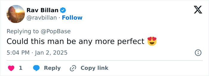 Tweet screenshot discussing admiration for a man, featuring user interaction options below the text.