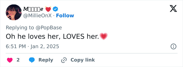 A tweet expressing love, with heart emoji, referencing a couple's romance.