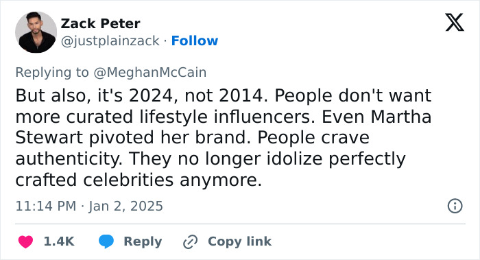 Zack Peter tweets about lifestyle influencers lacking authenticity in 2024.