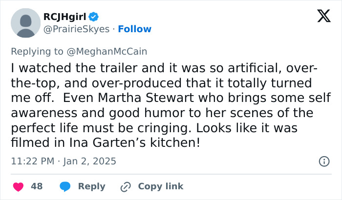 Tweet criticizing Meghan Markle's lifestyle series as artificial and over-produced.