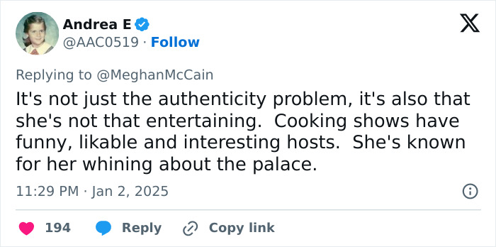 Tweet criticizing Meghan Markle's lifestyle series as inauthentic and not entertaining, mentioning palace complaints.